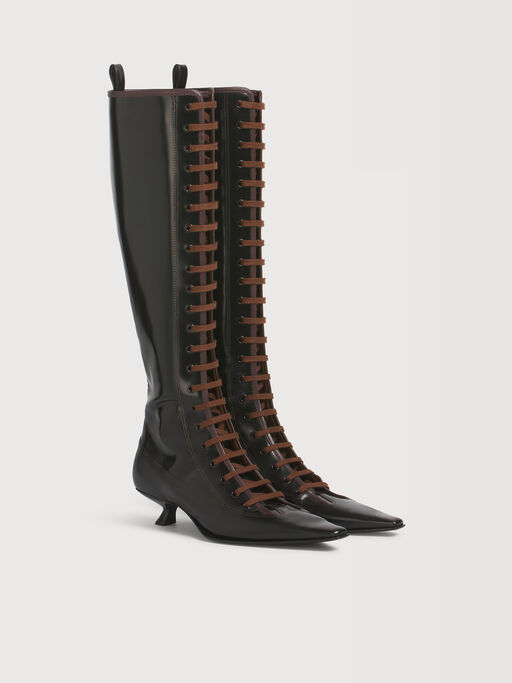Black leather boot with full lace-up front - Boots