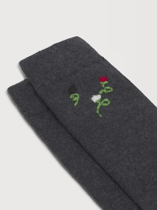 Grey wool-cashmere socks with flower embroidery - Socks