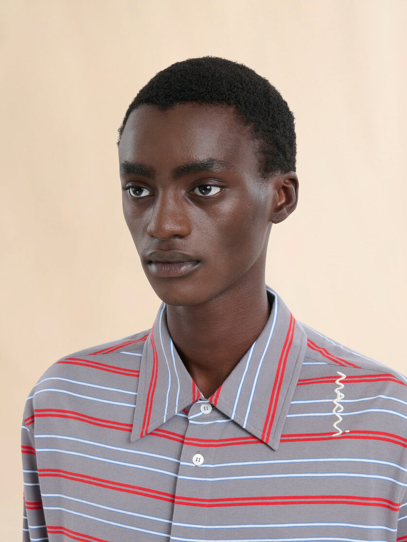 Long sleeved blue and white striped organic cotton polo shirt - Shirts - Image 4