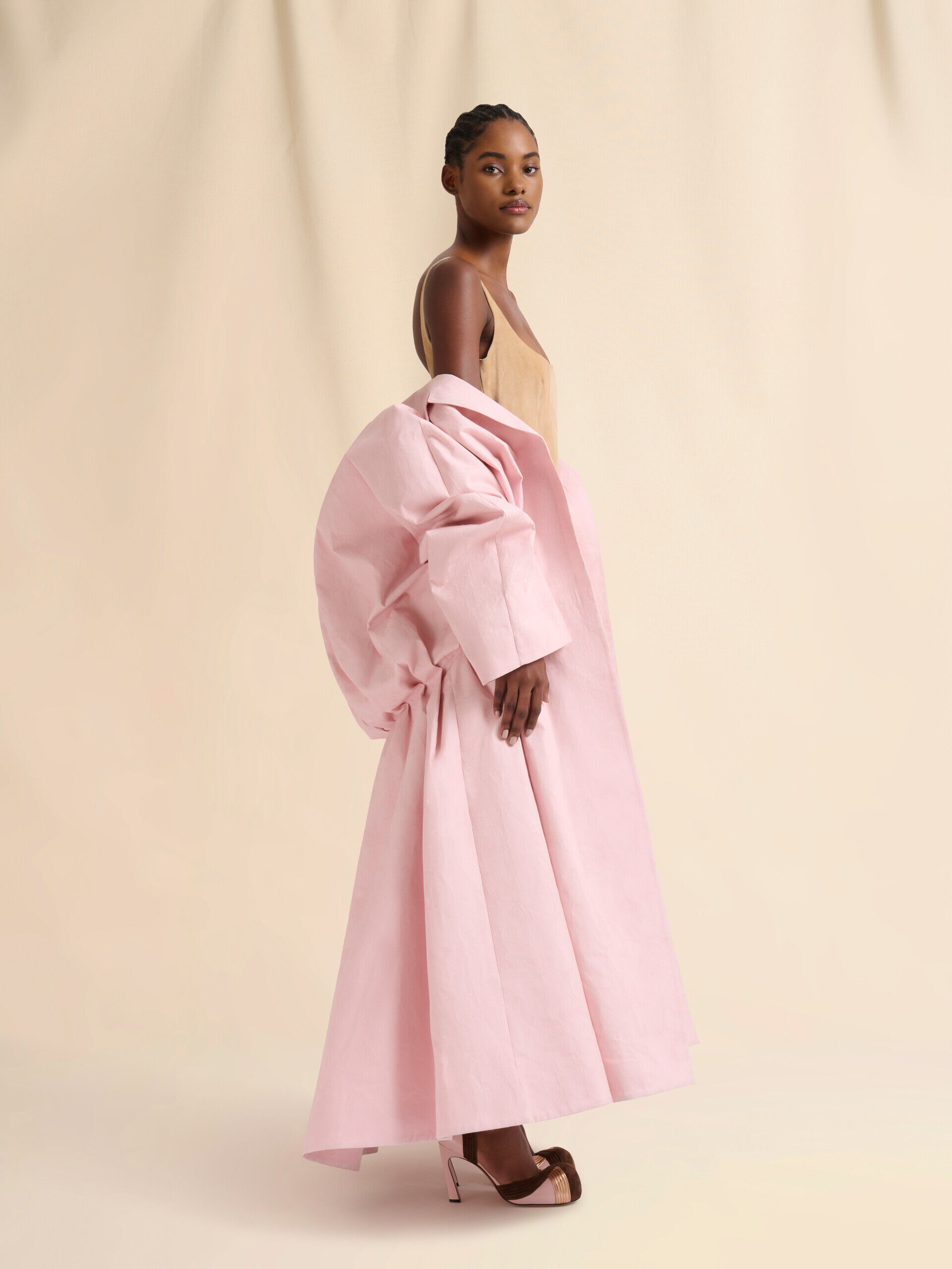 Pink bonded cotton oversized duster coat with floral motif