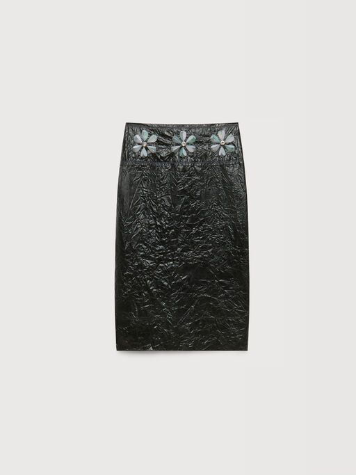 Black crinkled midi skirt with daisy details - Skirts