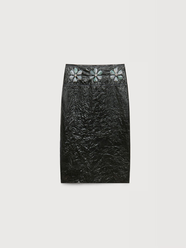 Black crinkled midi skirt with daisy details - Skirts