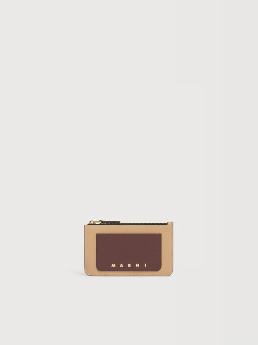 Pink light brown and dark brown leather zip cardholder - Wallets