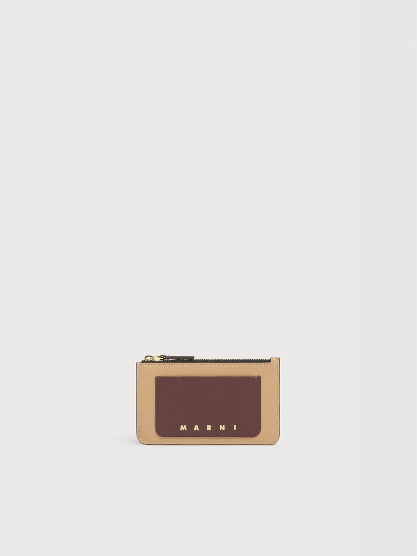 Pink light brown and dark brown leather zip cardholder, Image 1