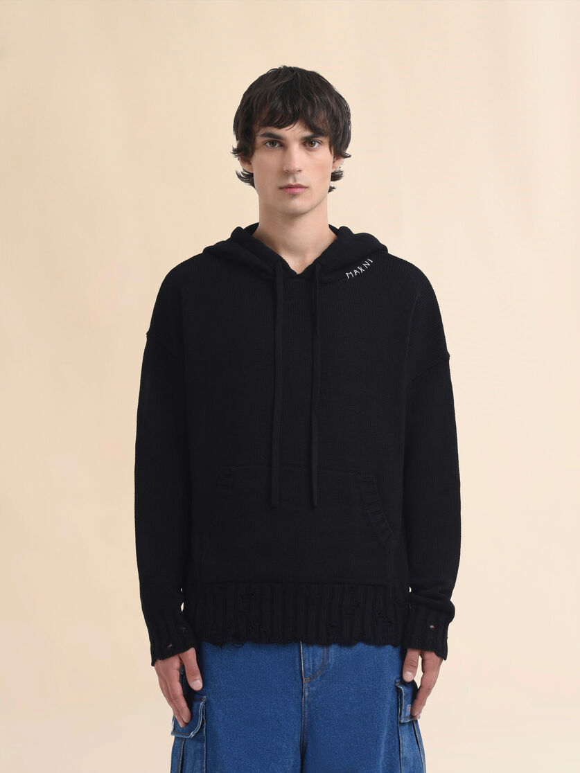 Black dishevelled cotton hoodie with Marni Symbol embroidery - Pullovers - Image 2
