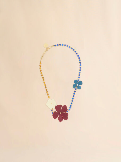 Collier avec fleurs émaillées multicolores et strass - Colliers