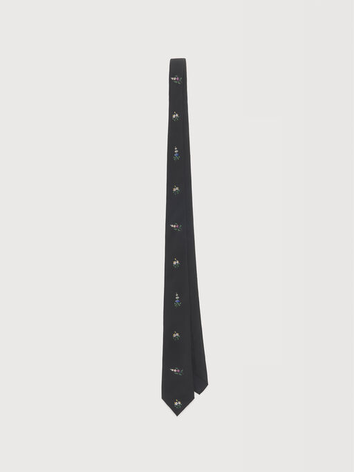 Black habotai silk tie with Spare Flowers print - Ties