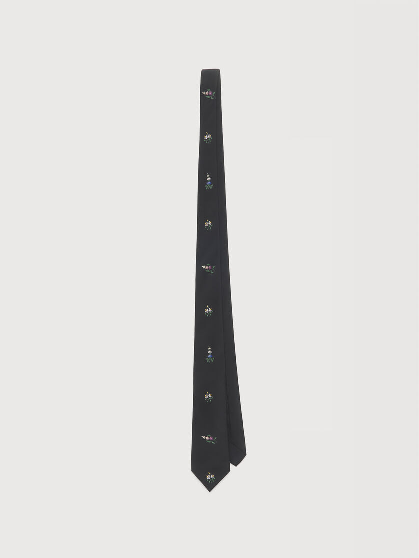 Black habotai silk tie with Spare Flowers print, Image 1