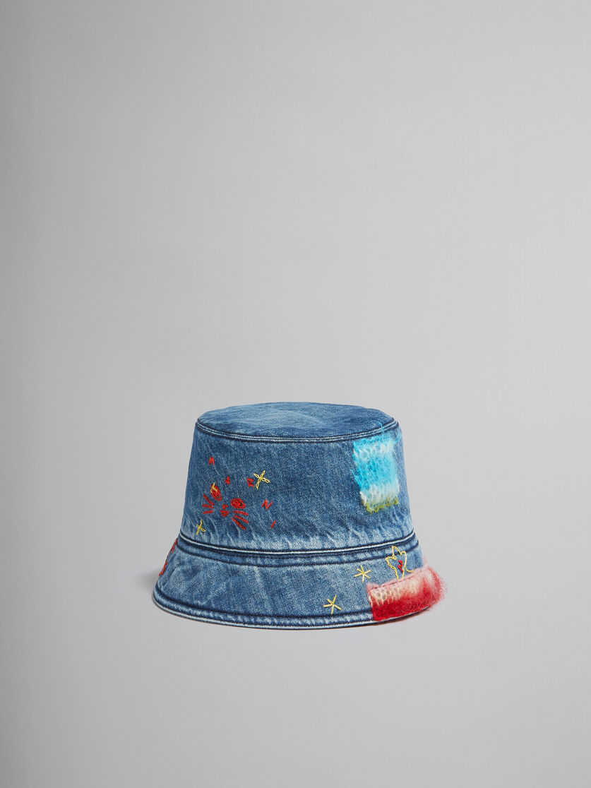 Blue bio denim bucket hat with mohair patches - Hats - Image 1
