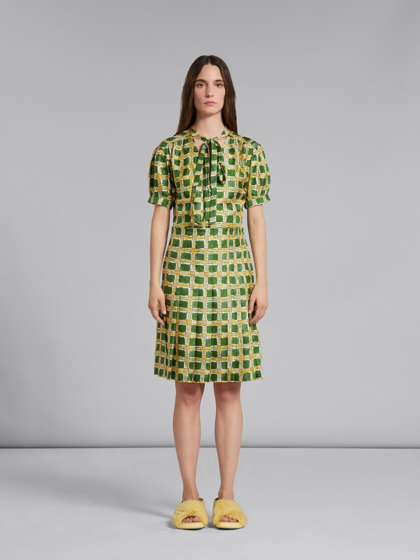 Green silk twill skirt with  Check Fields print - Skirts - Image 2