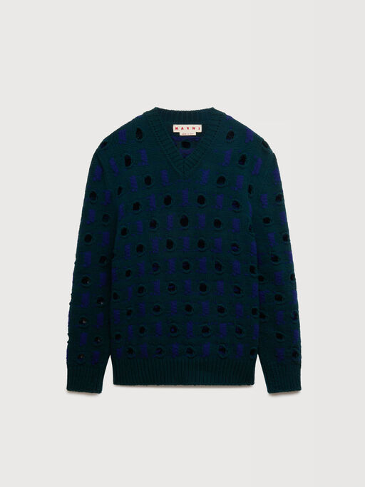 Pull bleu en laine et cachemire &agrave; motif ajour&eacute; - pulls
