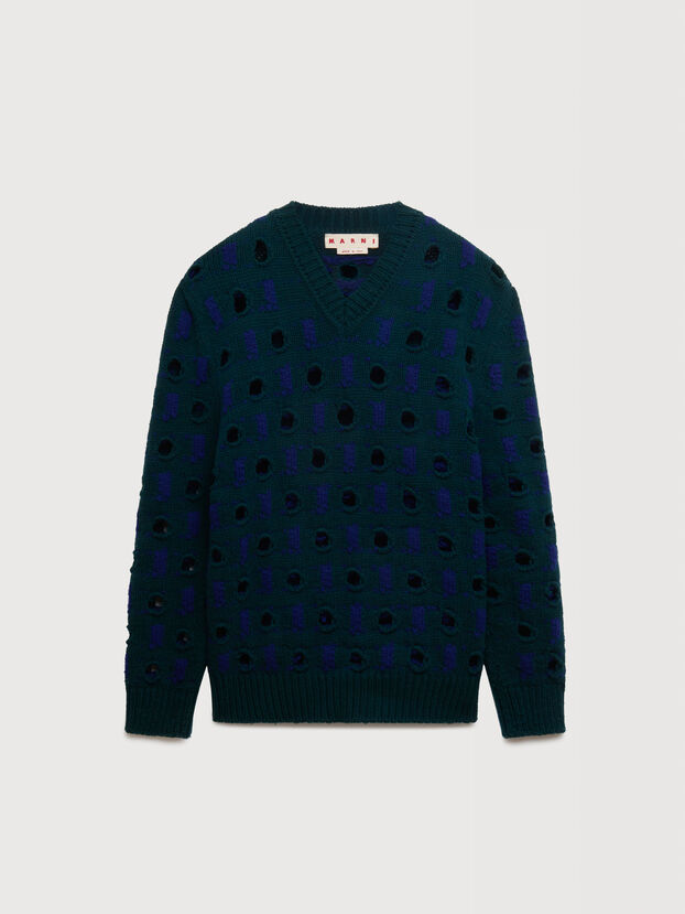 Blue wool-cashmere sweater with cut-out polka dots - Pullovers