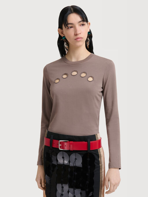 Grey cotton long-sleeved T-shirt with cut-out polka dots - T-shirts