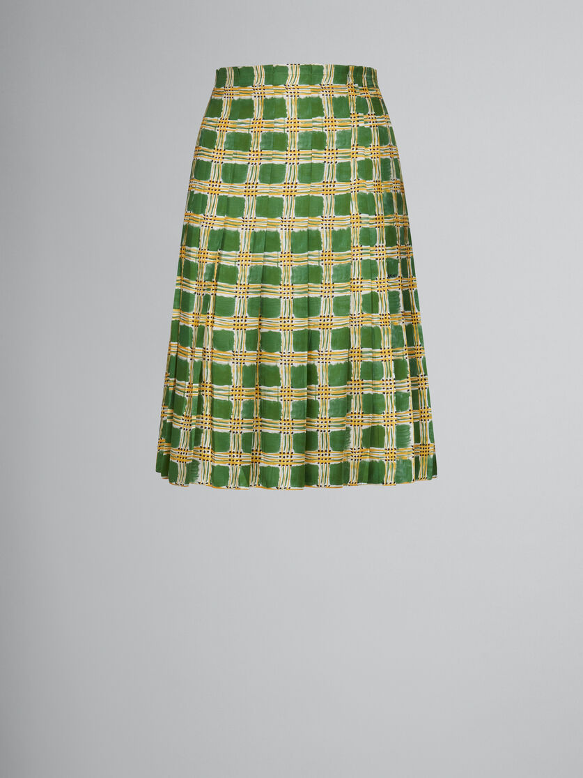 Green silk twill skirt with  Check Fields print - Skirts - Image 1