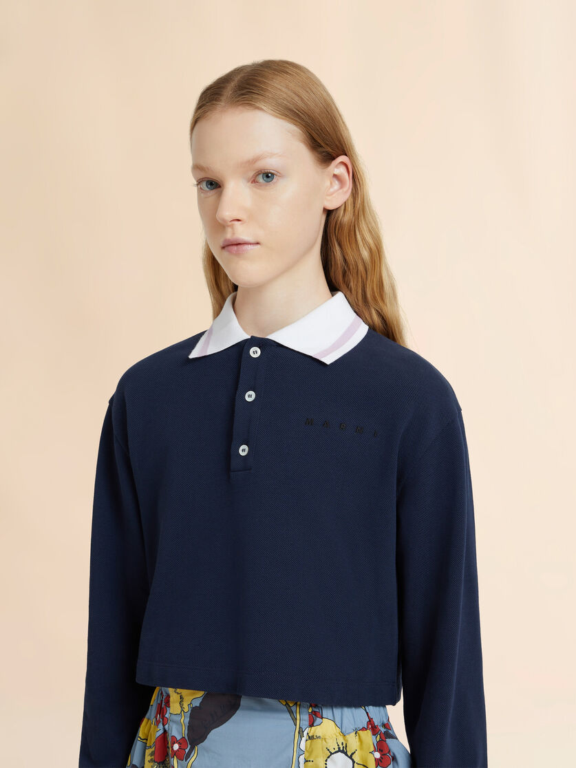 Deep blue piqué long-sleeved polo shirt, Image 4