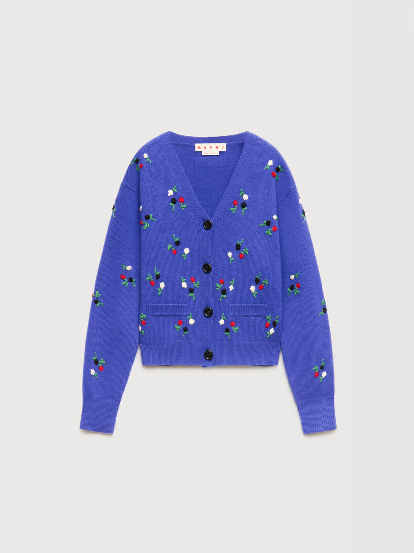Blue wool-cashmere cardigan with flower embroidery, Image 1
