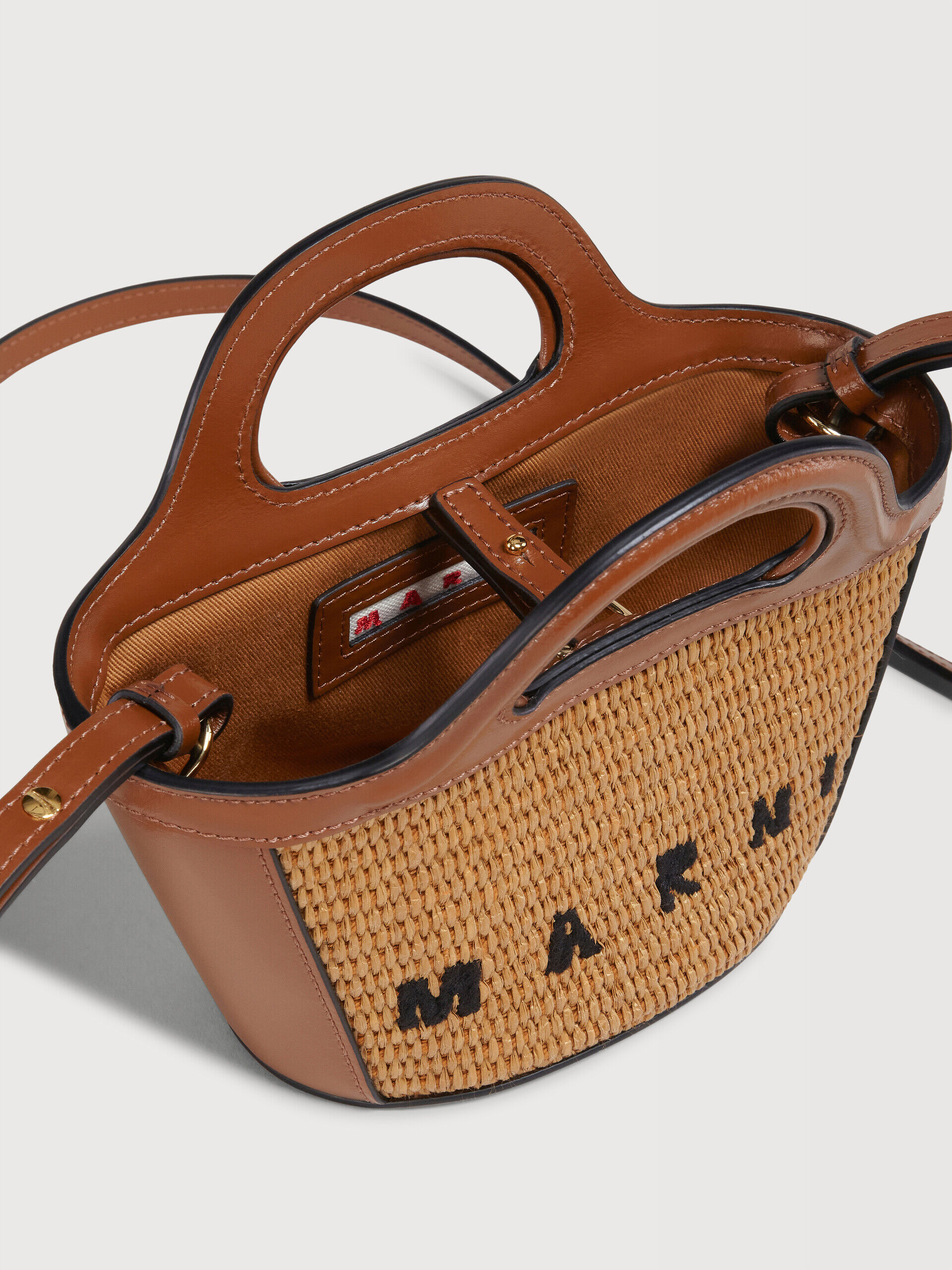 Tropicalia Micro Bag in brown leather and raffia-effect fabric | Marni