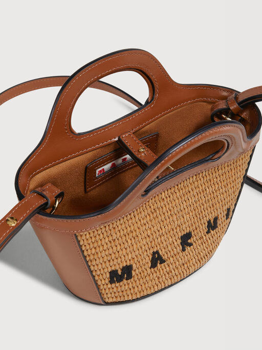 Mini-Tasche Tropicalia aus braunem Leder und Material in Bast-Optik - Handtaschen