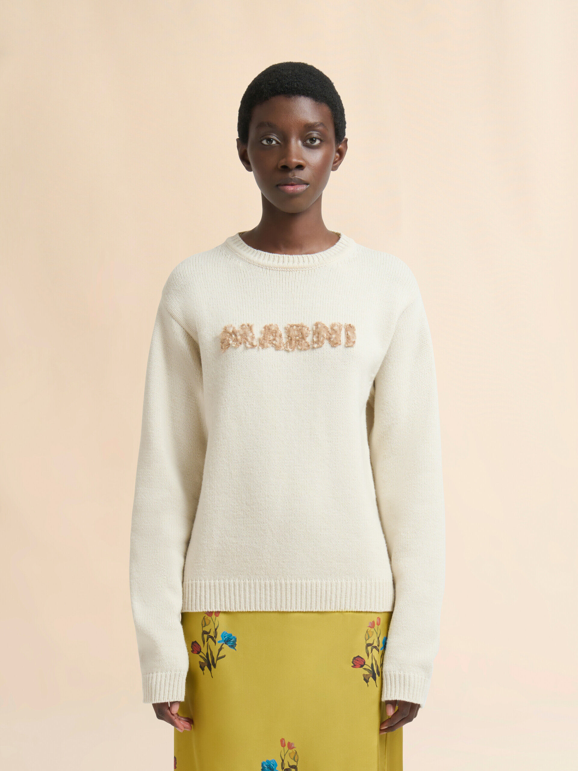 Cream wool sweater with laser-cut Marni logo | Marni