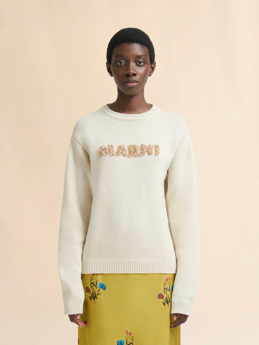 Cream wool jumper with laser-cut Marni logo - Pullovers - Image 2