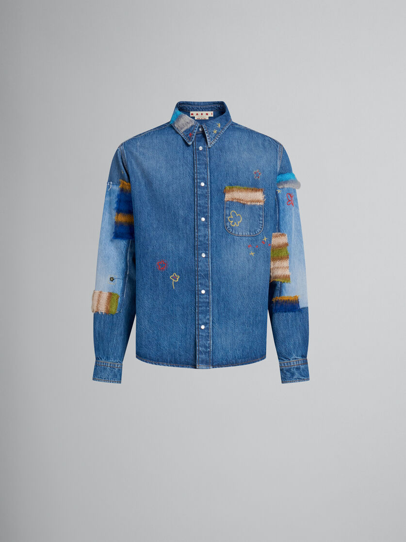 Camicia in denim biologico blu con applicazioni in mohair - Camicie - Image 1