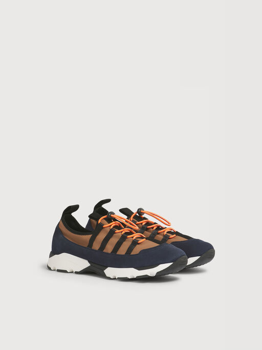 Sneaker mit Schn&uuml;rung aus hellbraunem und blauem Lycra - Sneakers