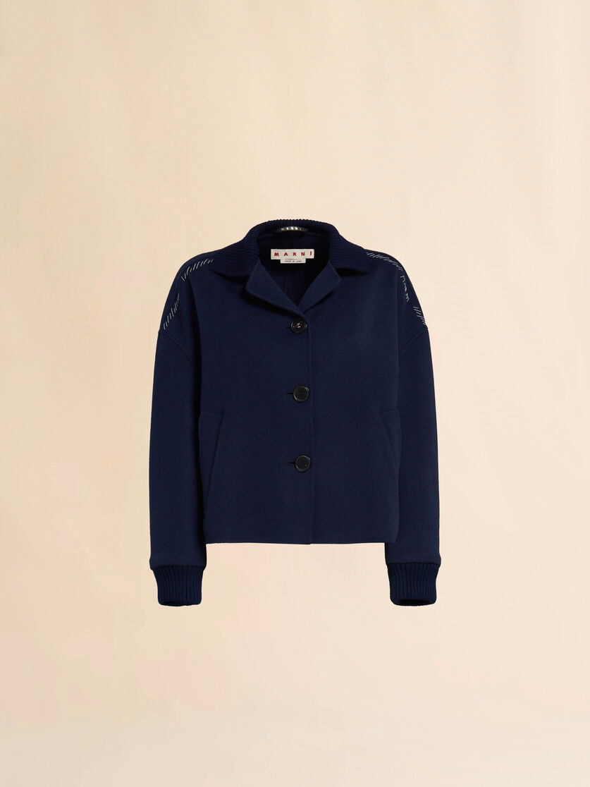Deep blue wool and cashmere jacket with knit trims - Jackets - Image 1