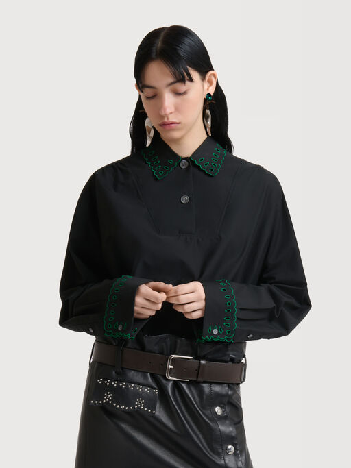 Black poplin half-button shirt with broderie anglaise - Shirts