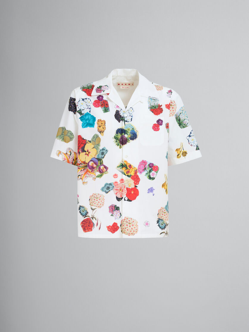 White poplin bowling shirt with flower prints - Shirts - Image 1