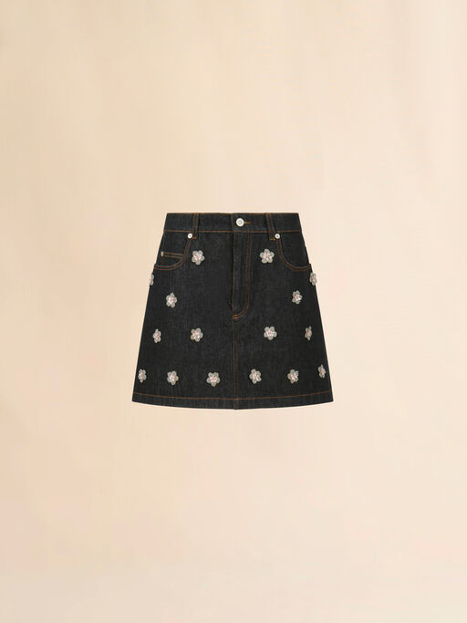 Black denim skirt with daisy appliqués - Skirts
