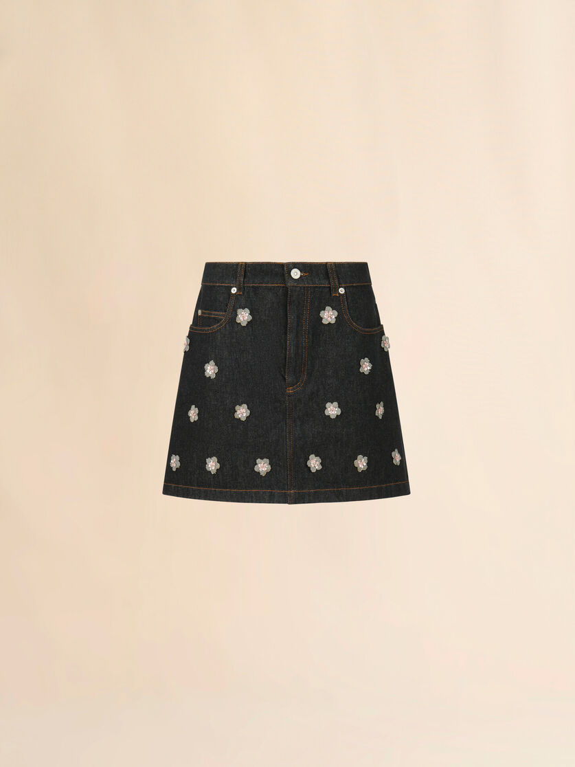Black denim skirt with daisy appliqués, Image 1
