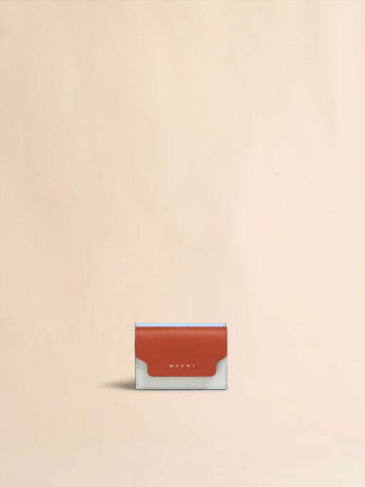 ホワイト＆ブラウン＆ライトブルー サフィアーノレザー 三つ折りウォレット - 財布