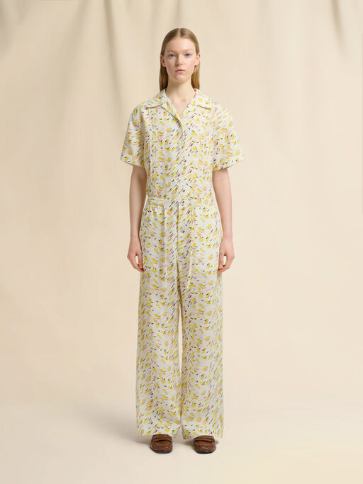 Yellow linen trousers with Brushstroke Wave print - Pants