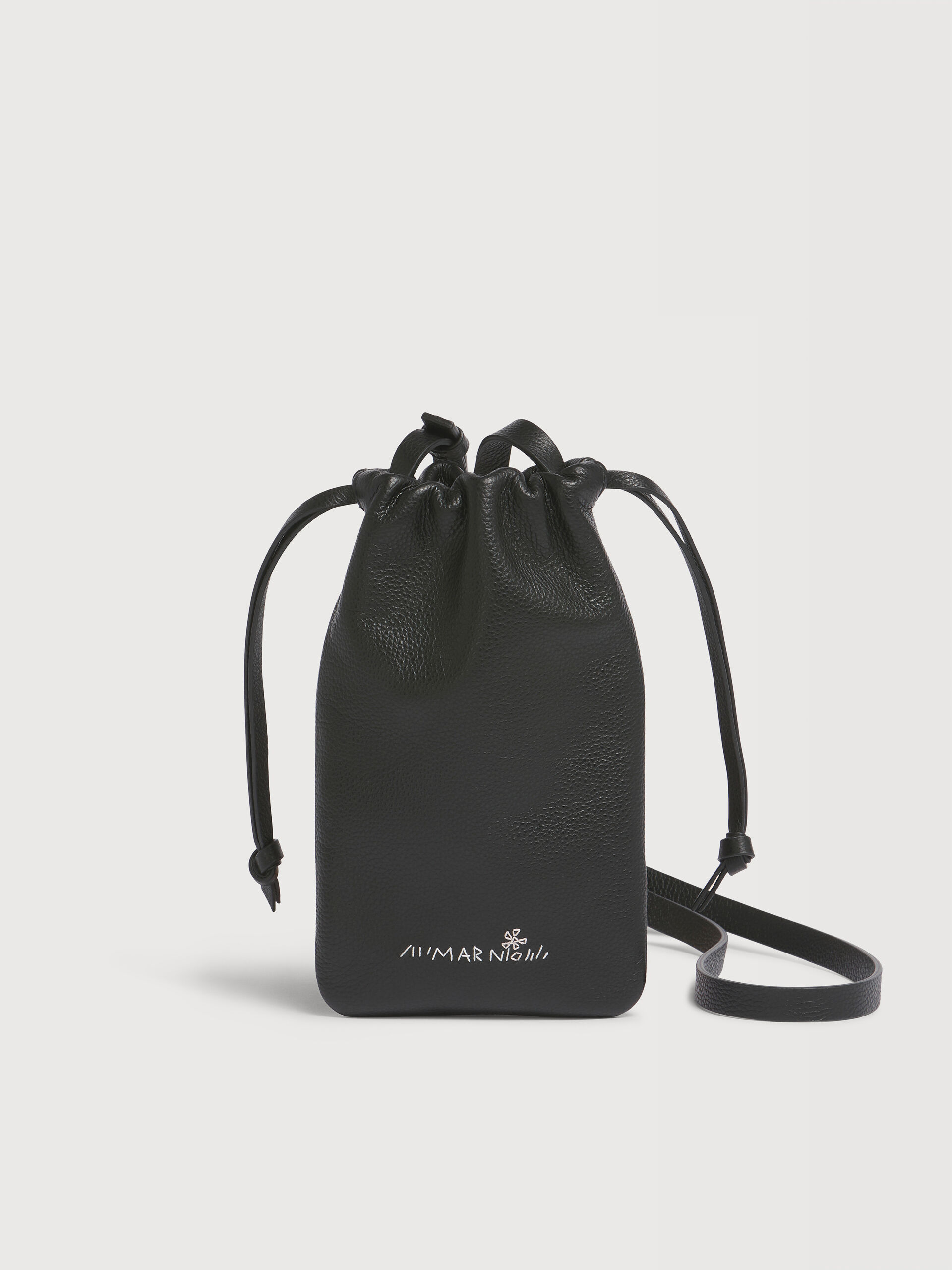 MARNI ブラック iPhoneケース ストラップ付き ブラック レザー製ドローストリング付きスマホホルダー、マルニメン
