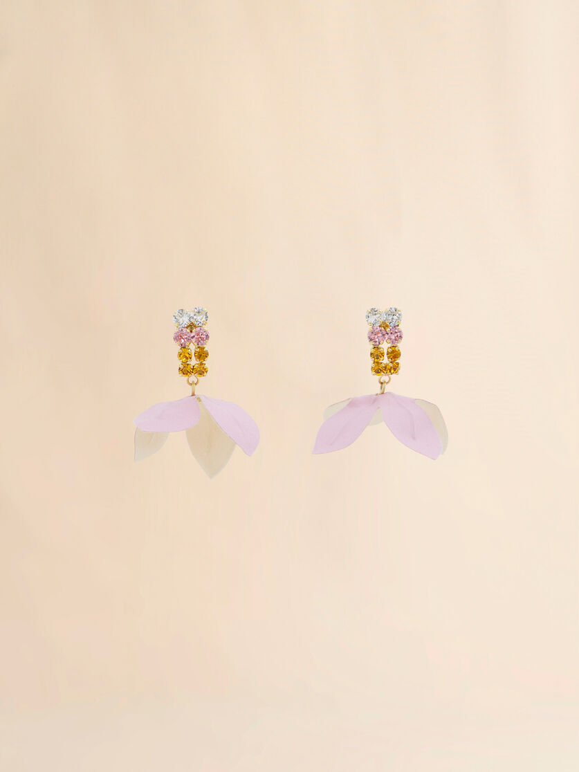 Boucles d'oreilles en popeline rose et cr&egrave;me avec strass et fleurs, Image 1