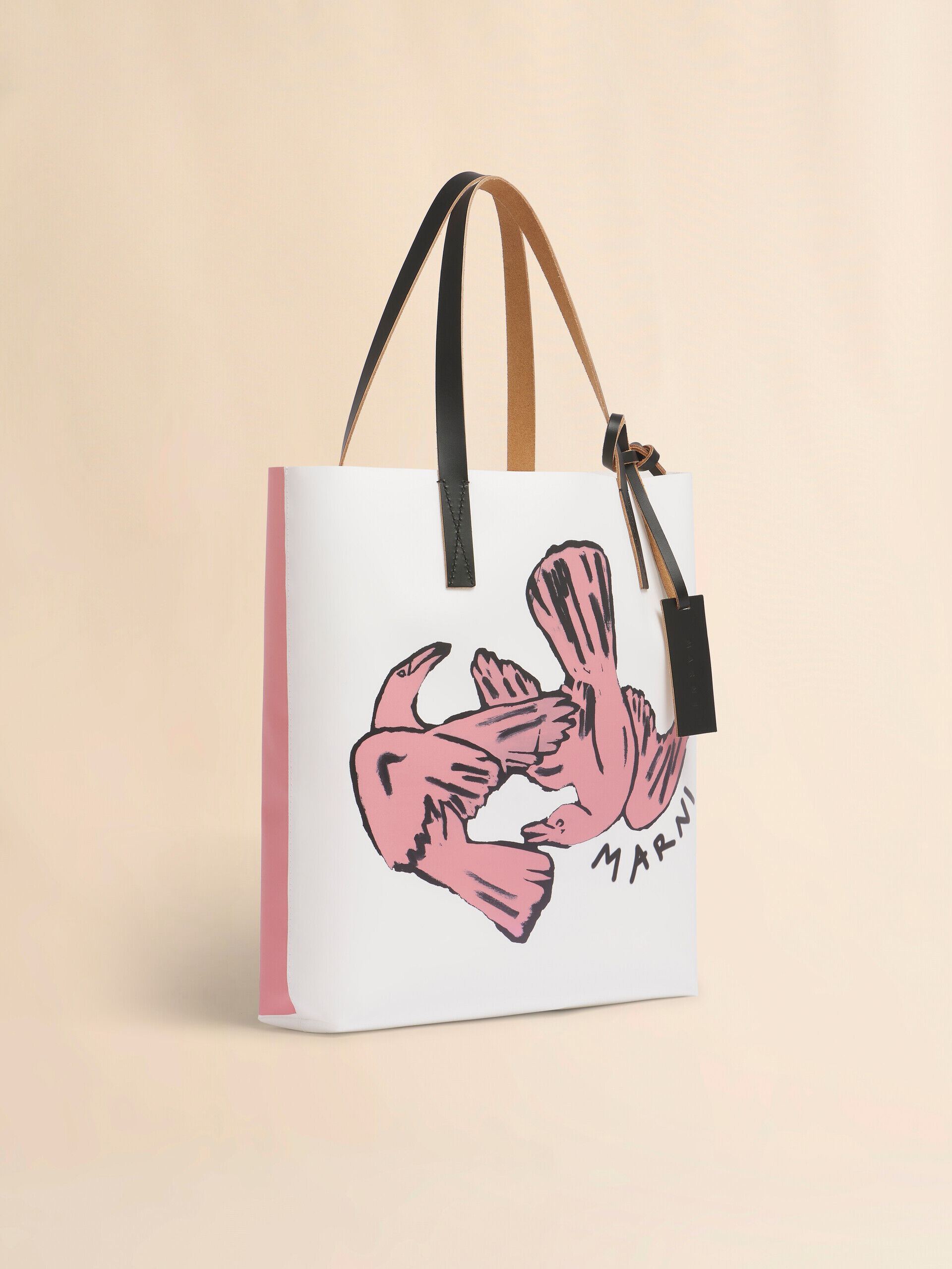 ホワイト ピンク Tribeca ファブリック製トート 鳥のプリント