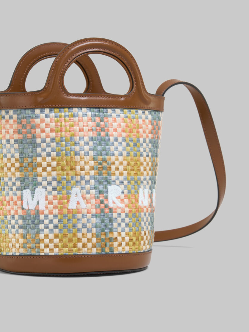 Tropicalia small bucket bag in brown leather and checked raffia-effect fabric - Shoulder Bags - Image 5