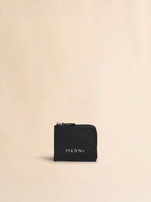 Black leather zip-around wallet with Marni Mending embroidery - Wallets