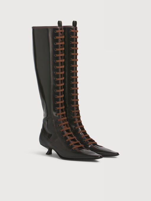 Black leather boot with full lace-up front - Boots