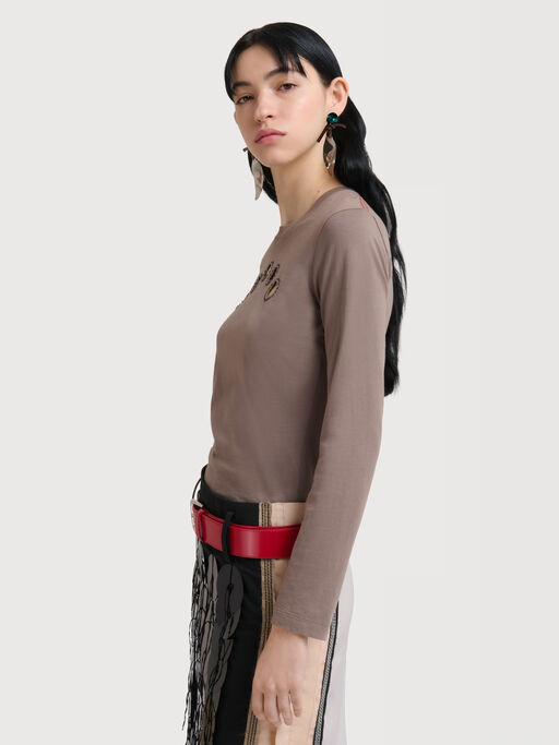 Grey cotton long-sleeved T-shirt with cut-out polka dots - T-shirts