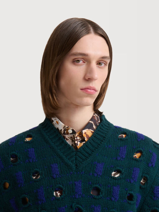 Pull bleu en laine et cachemire &agrave; motif ajour&eacute; - pulls