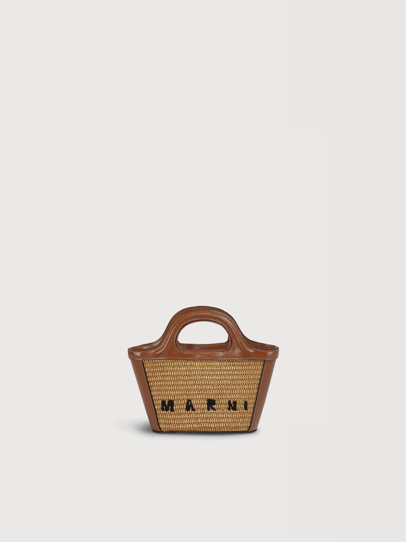 Tropicalia Micro Bag in brown leather and raffia-effect fabric, Image 1