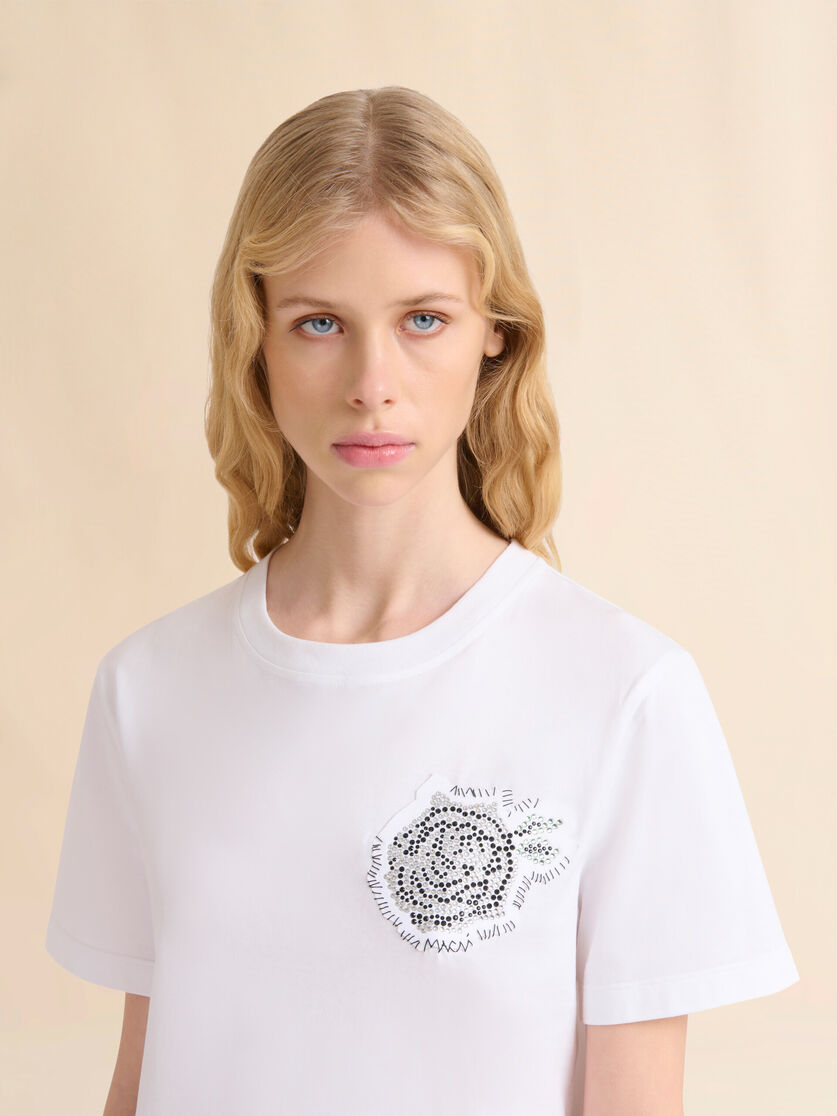 White cotton T-shirt with rhinestone rose - T-shirts - Image 4