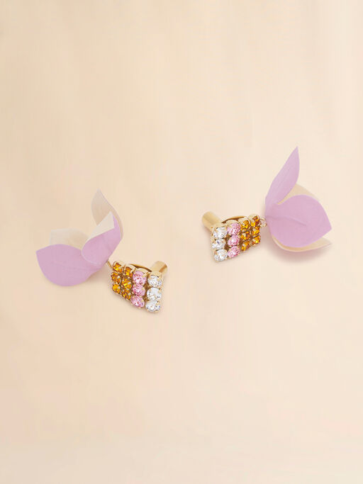Boucles d'oreilles en popeline rose et cr&egrave;me avec strass et fleurs - Boucles d&rsquo;oreilles