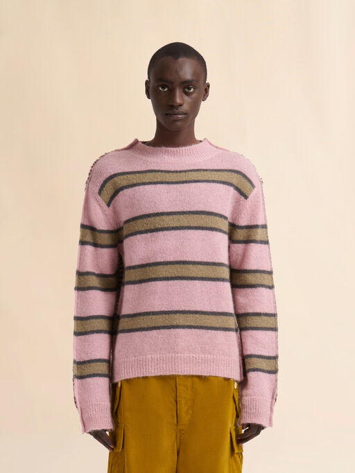 Pullover aus Mohair mit rosafarbenen Streifen und Rückseite in Kontrastfarbe - Pullover