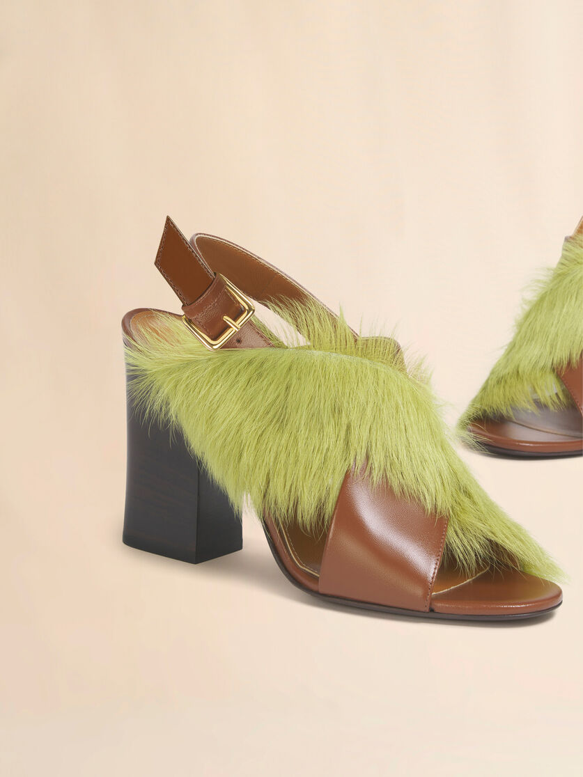 Brown and green leather and long-hair criss-cross sandal, Image 4