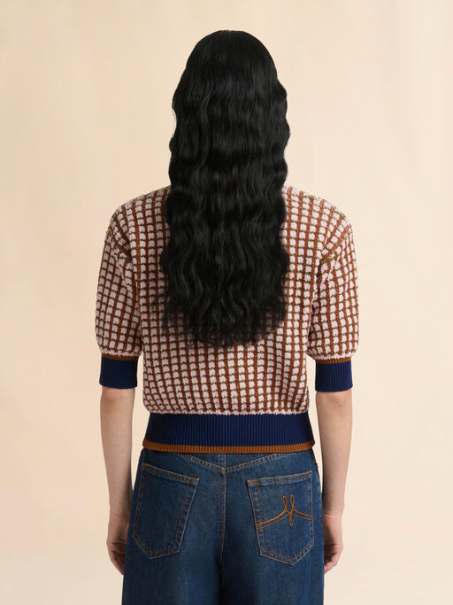 Pink and brown boucl&eacute; tweed-effect jumper - Pullovers