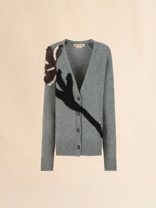 Grey Alpaca wool cardigan with flower patch - Pullovers