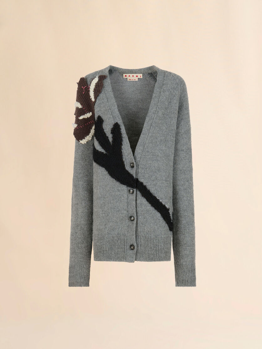 Grey Alpaca wool cardigan with flower patch - Pullovers - Image 1