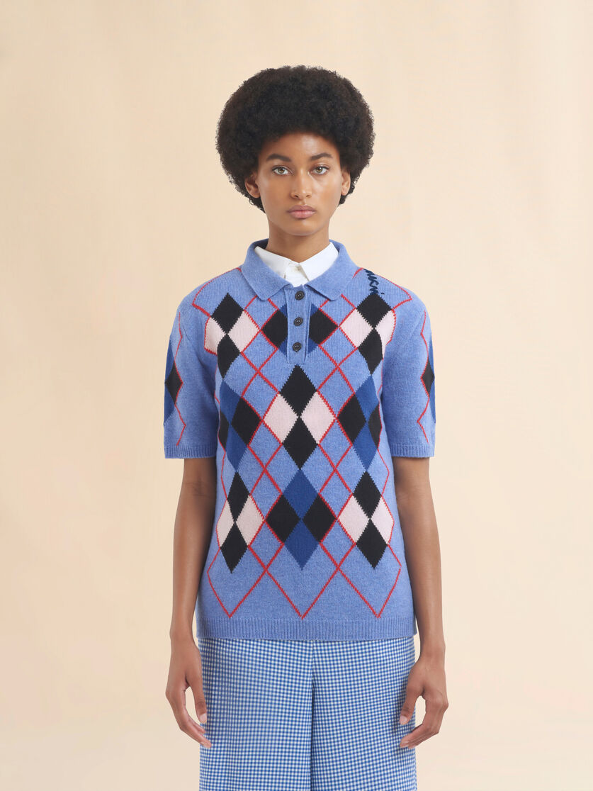 Light blue Argyle wool polo shirt - Shirts - Image 2